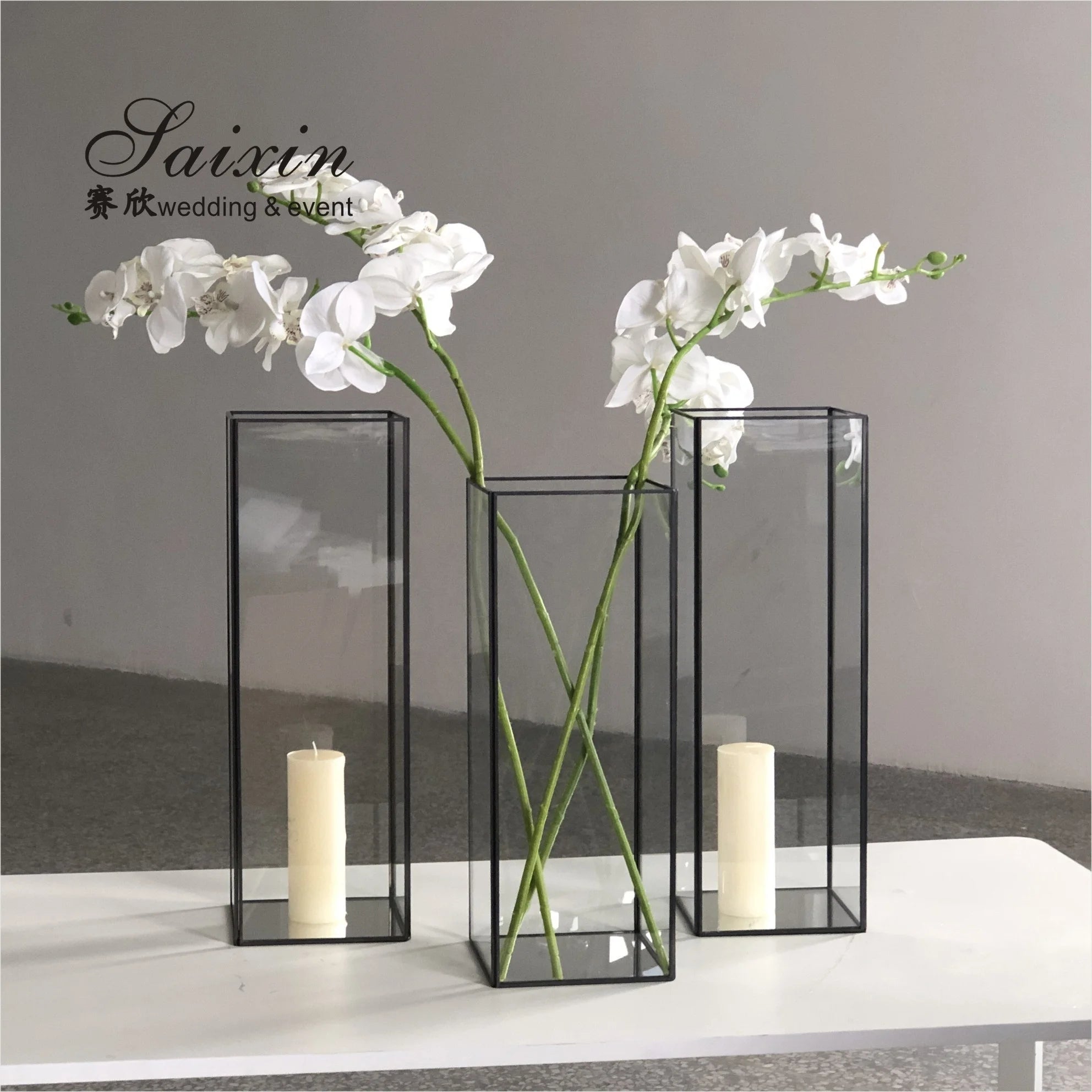 Factory Wholesale Black Crystal Glass Candle Holder for Wedding Table Centerpiece
