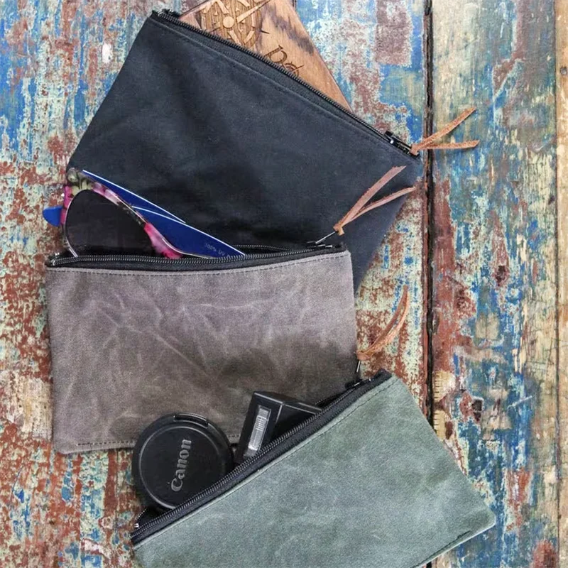 Multi-Purpose Waxed Canvas Zipper Bags for Wallet Gift Cards Camera Cards Money/ID-Flat Wallets Optional Cosmetic Bags Cases