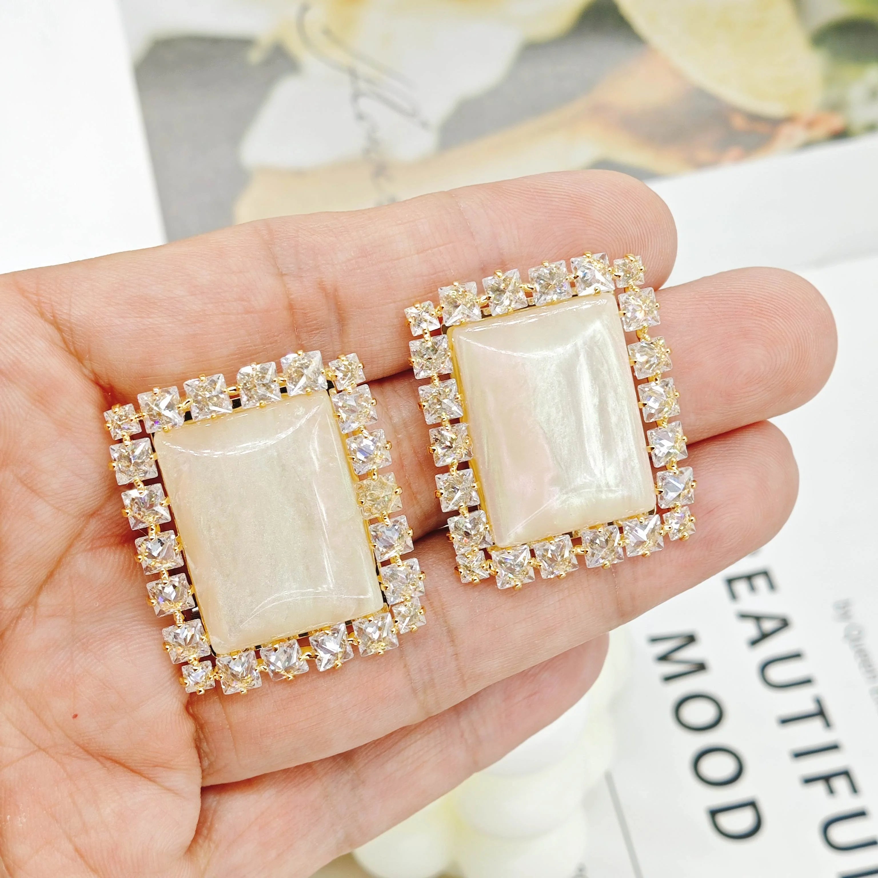 Ilona Wholesale Bulk Art Deco square Resin Stud Earrings Gold Plated Copper Baguette CZ Halo Studs  Party Jewelry for Resale