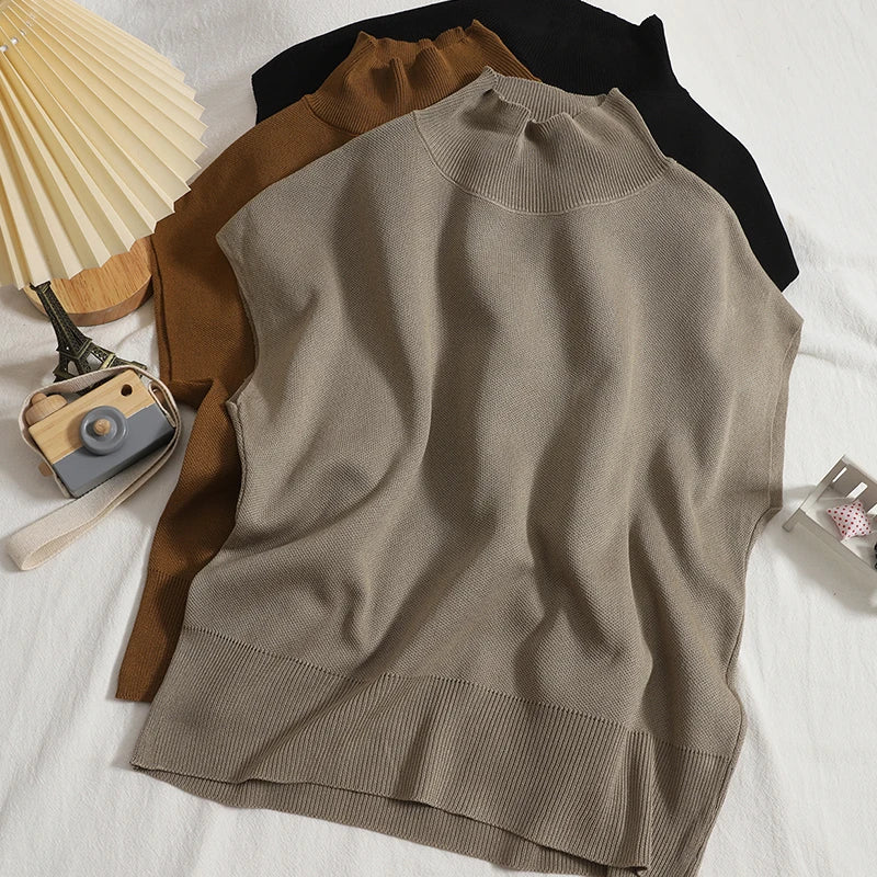 Wholesale 2026 Korean Pullover Half High Collar Sleeveless T-shirt in Autumn New Look Thin Solid Color Versatile Loose Knit Vest