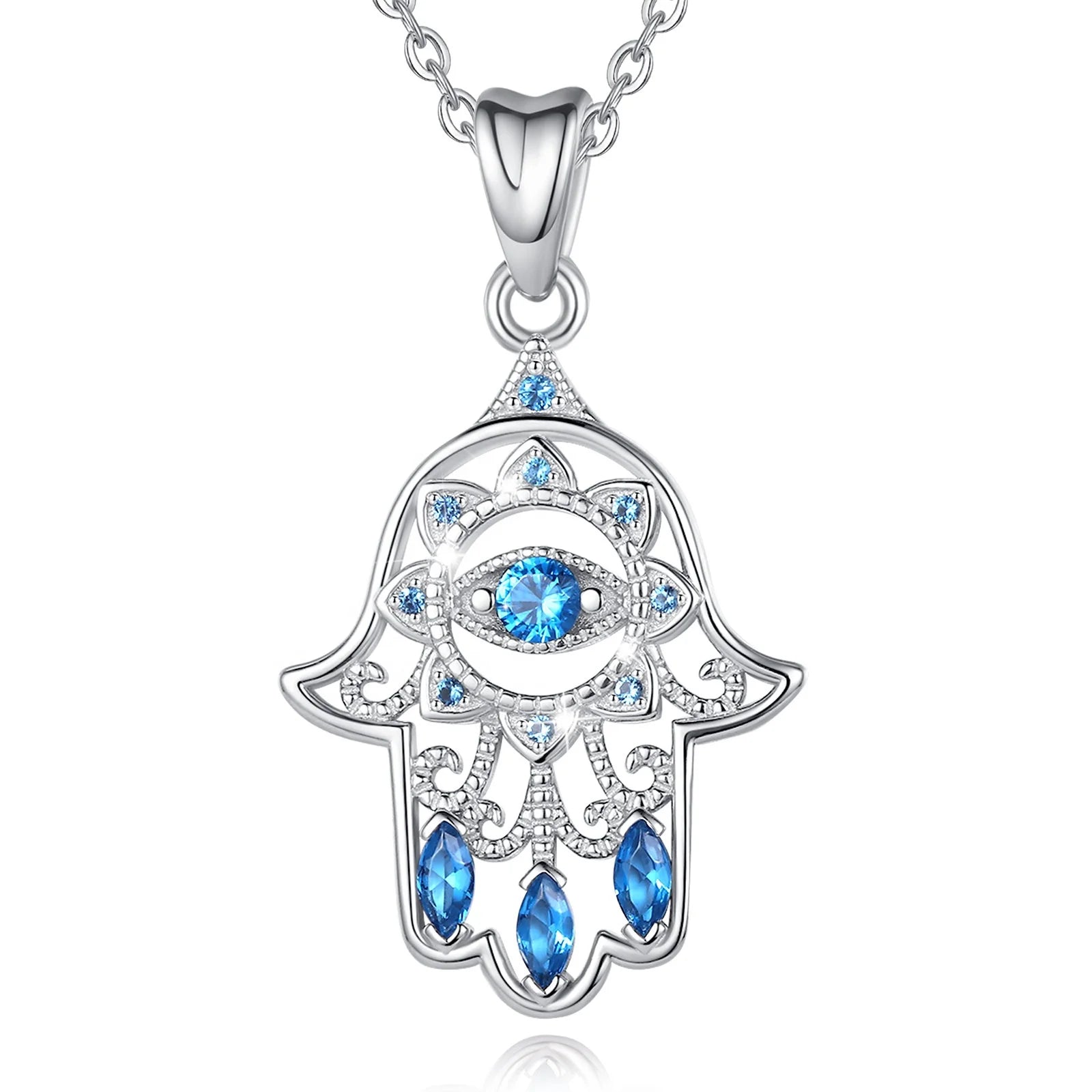 Isunni Bring Good Luck Jewelry 925 Sterling Silver Lotus and Hamsa Hand Pendant Necklace