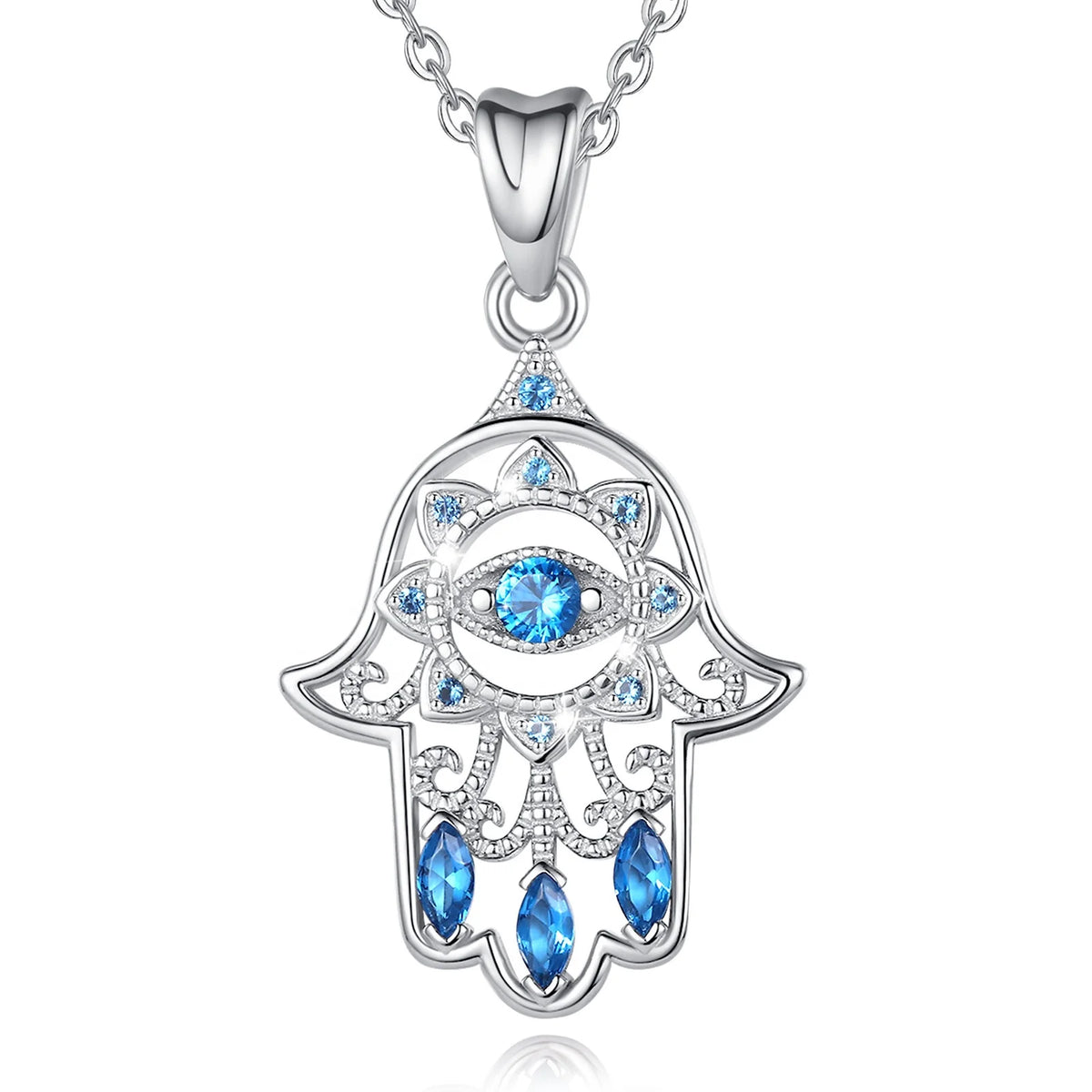 Isunni Bring Good Luck Jewelry 925 Sterling Silver Lotus and Hamsa Hand Pendant Necklace
