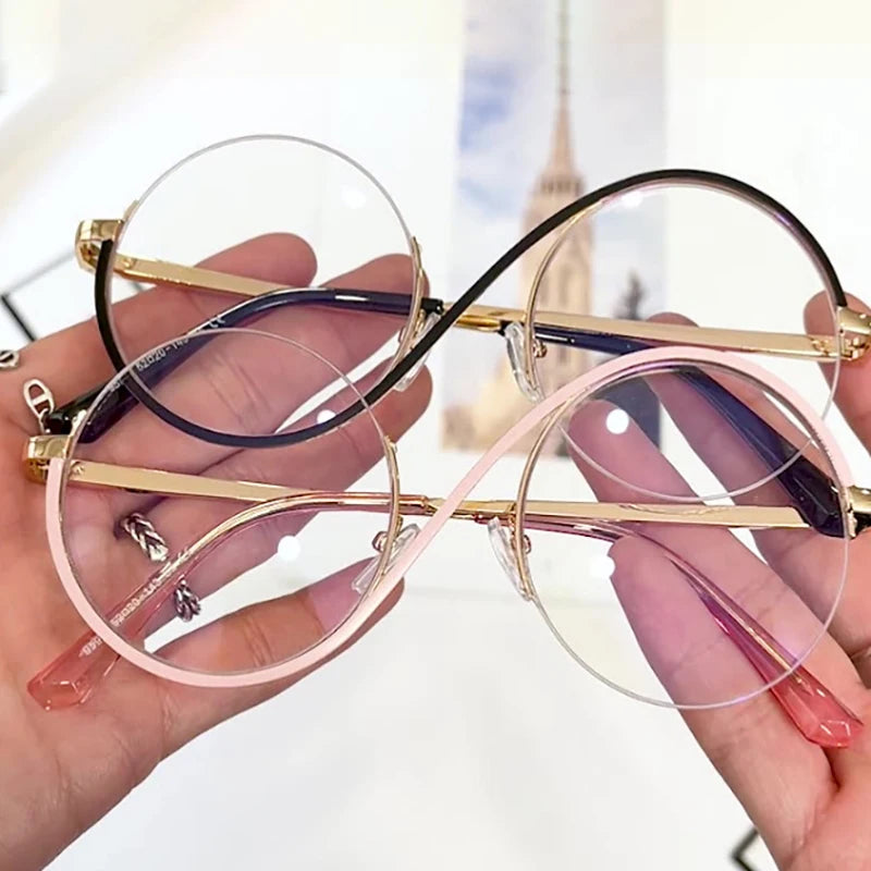 DL Glasses New Custom Half Frame Anti Blue Light Optical Glasses Round Metal Oversize Women Gaming Eyeglasses Frame