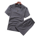 M-5XL Oversized Man's Summer Streetwear Casual Cotton Linen T-shirt and Drawstring Shorts Set with Solid V-Neck Summer Style