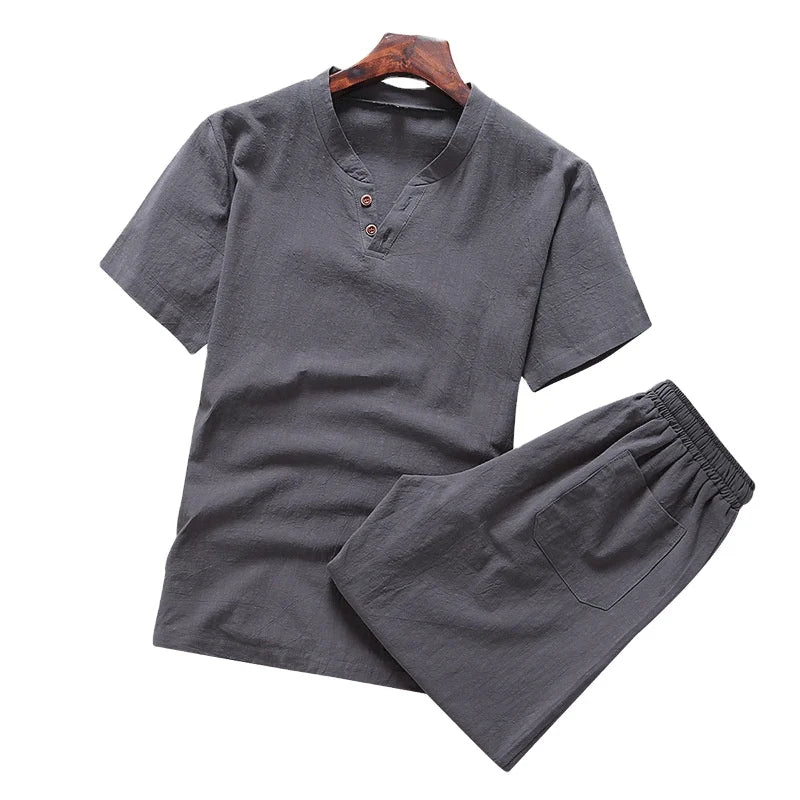 M-5XL Oversized Man's Summer Streetwear Casual Cotton Linen T-shirt and Drawstring Shorts Set with Solid V-Neck Summer Style