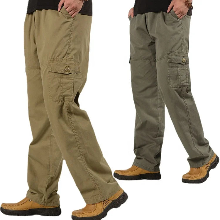 Mens Khaki Work Pants Relaxed Fit Cotton Trousers 5XL Elastic Waist Straight Leg Jeans Casual Clothes Cargo Pants