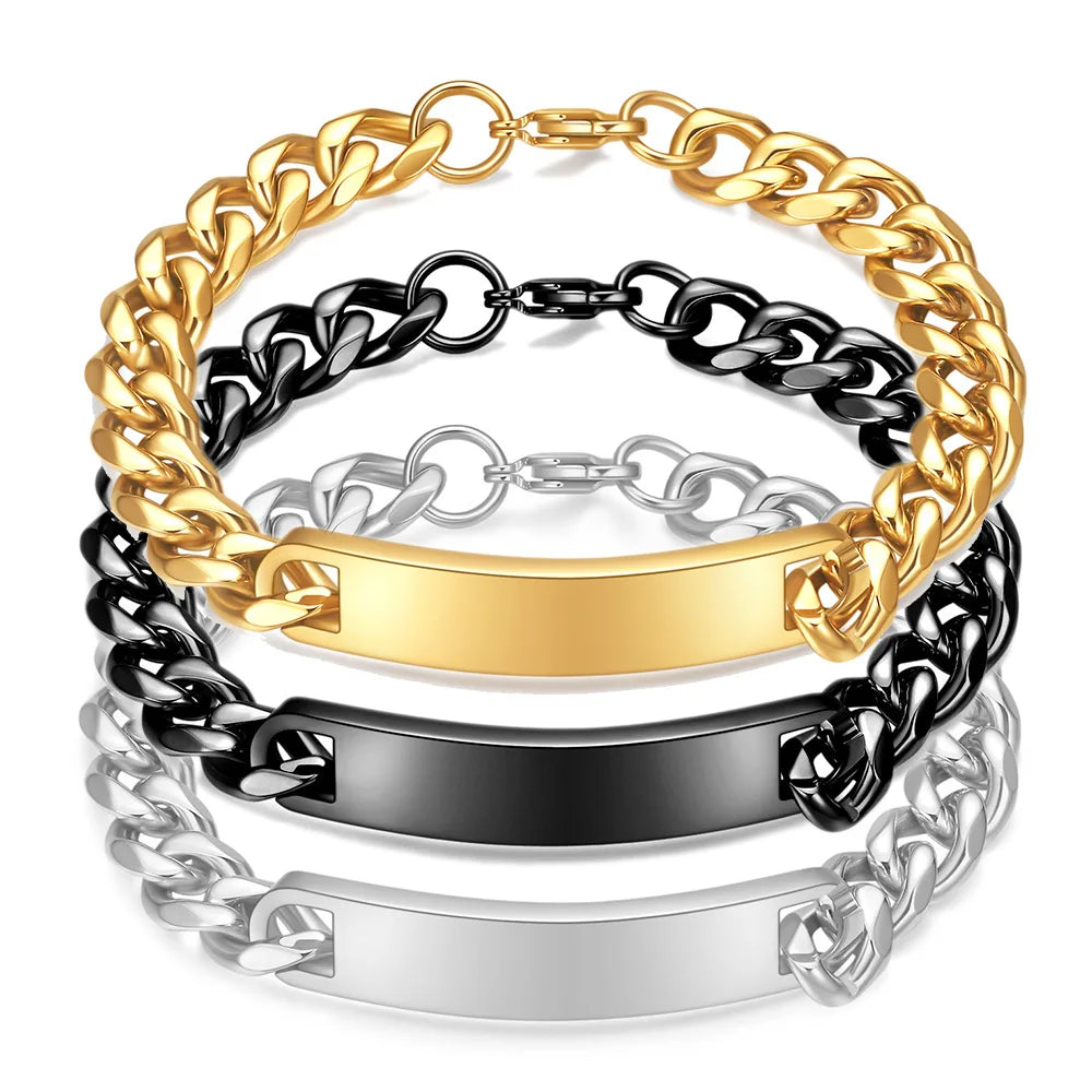 Custom Luxury 11mm Width 22cm Length Men Chain Bracelet Fashion Laser Logo Jewelry Stainless Steel Waterproof Chain Bracelet