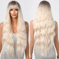 Factory Wholesale Blonde Long Loose Wave Synthetic Wigs with Bangs Ombre Dark Roots Natural Looking Wig Blonde Daily Hair Wig