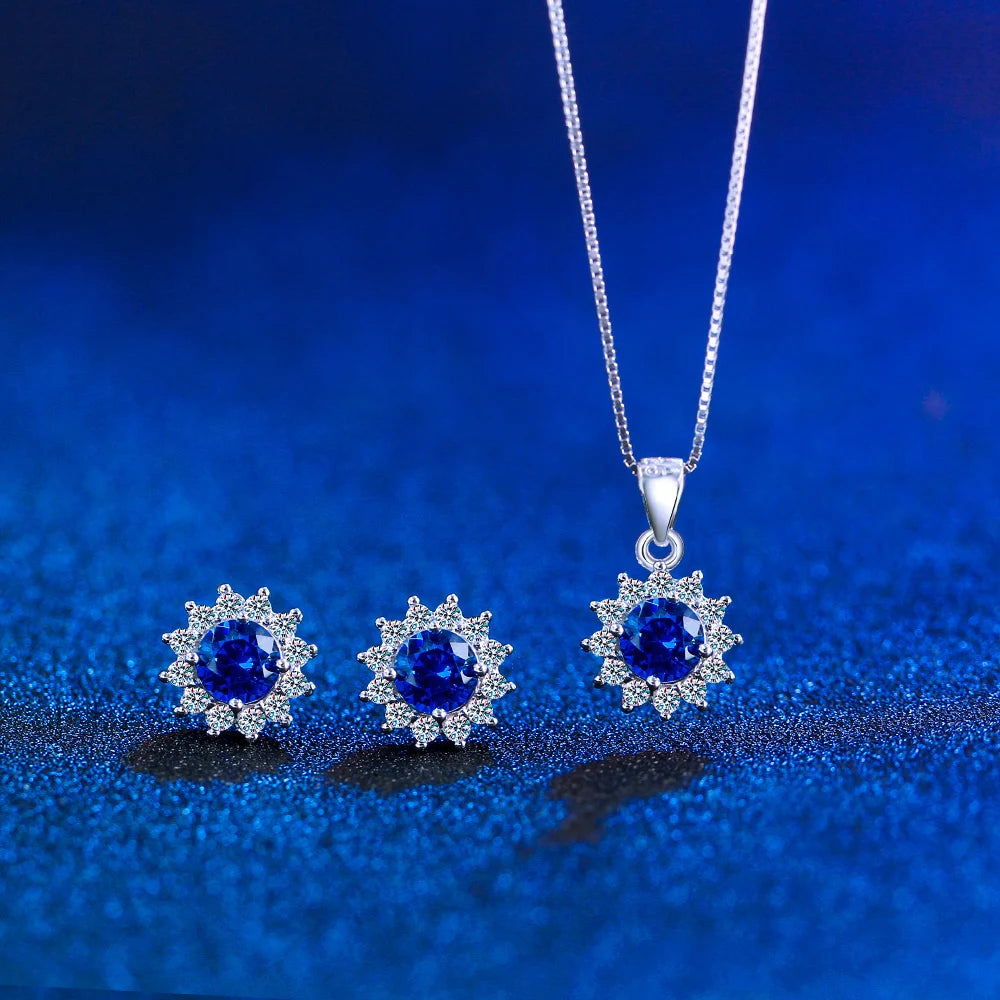 Exquisite 925 Sterling Silver Earrings and Pendant Necklace CZ and Blue Synthetic Tanzanite Stone Jewelry Set for Women
