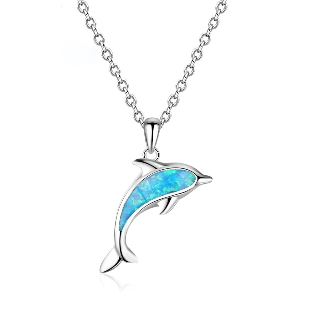 Fashion Ocean Style 925 Sterling Silver Jewelry Blue Opal Dolphin Pendant Necklace