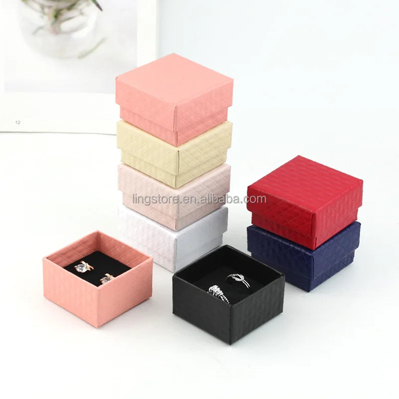 5*5*3cm Small Luxury Diamond Pattern Paper Ring Black Sponge Girls Jewelry Storage White Box with Lid Wedding Birthday Gift