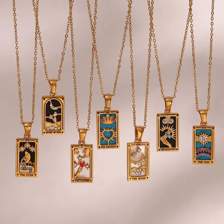 SC Waterproof Gold Plated Stainless Steel Necklace Retro Empress Sun Moon Pattern Square Tarot Card Deck Necklace for Women
