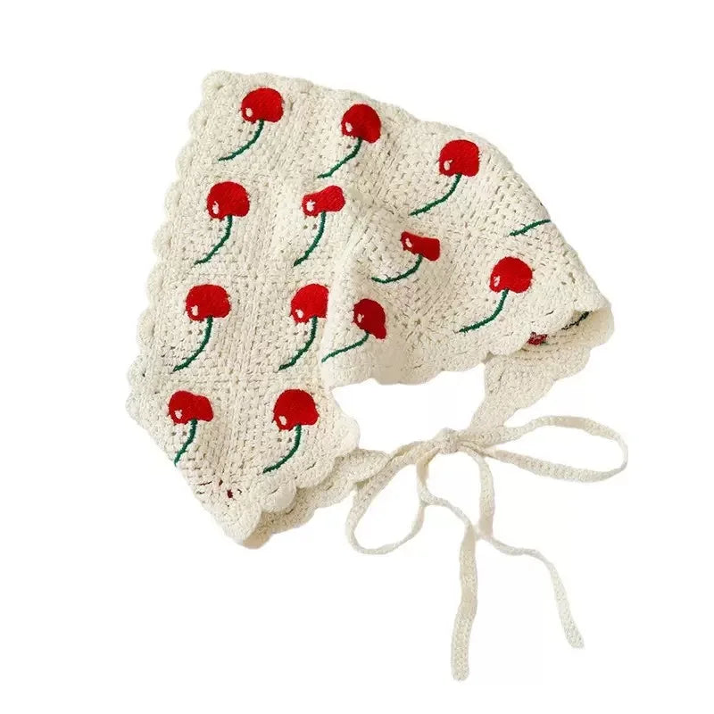 Cute Girl Fruit Flower Cherry Embroidery Crochet Ethnic Bohemian Style Music Festival Holiday Triangle Bandana Hair Accessories