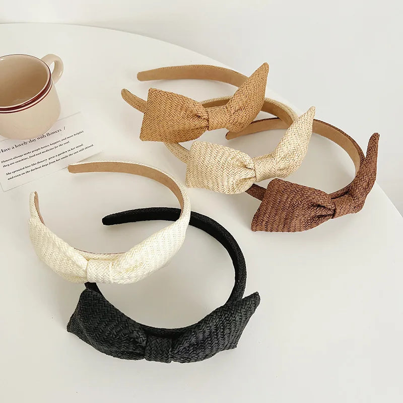 New Fashion Solid Color Simple Style Wholesale Women Hair Accessory Handmade Bow Knot Hairband Straw Headband