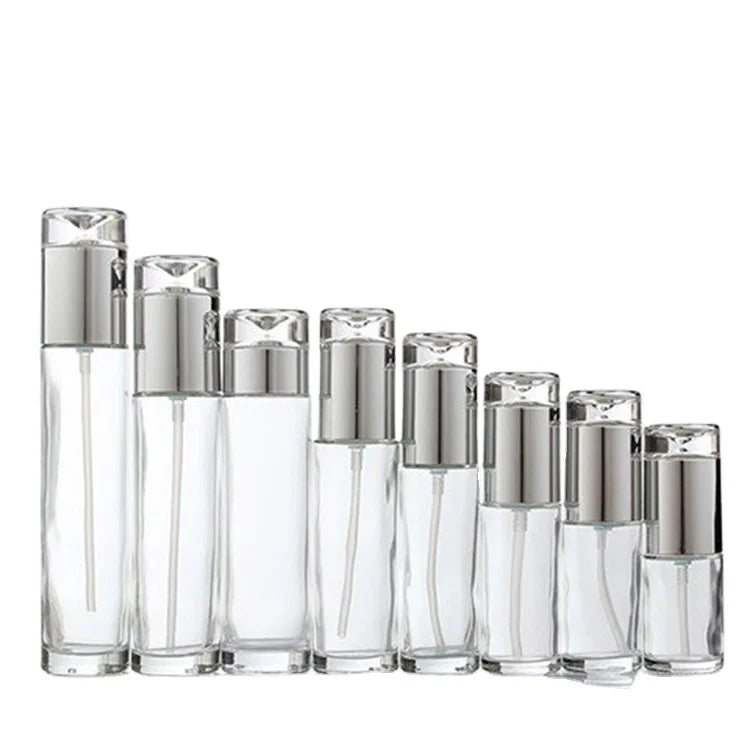 20ml - 120ml Glass Lotion Pump Sprayer Bottle Silver Top 30g 50G Cream Jar Empty Cosmetic Packaging Container for Skincare