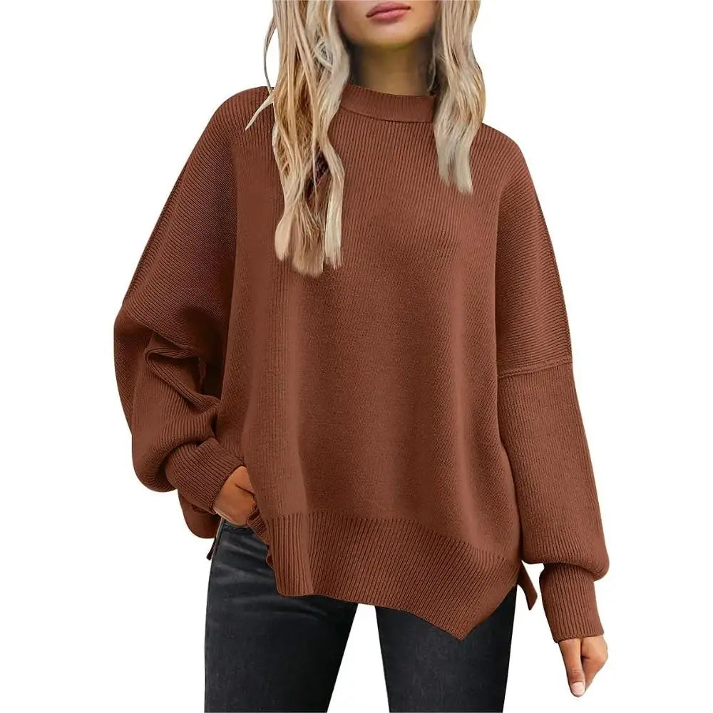 Women's Crewneck Batwing Long Sleeve Sweater 2023 Fall Oversized Ribbed Knit Side Slit Pullover Top