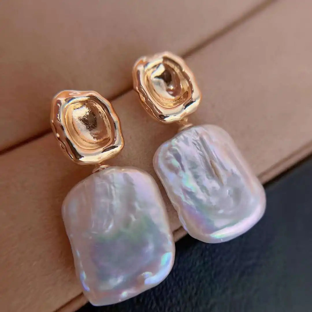 European and American Style  18K Gold Plated Freshwater Pearl Earrings Square Baroque Trendy for Parties