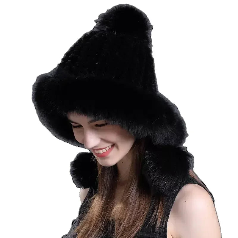 MWFur Fashion Winter Hats Knitted Mink Fur With Fox Fur Trimmed Pom Poms Female Fur Hat for Women Lady