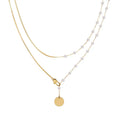 18K Gold Plated Stainless Steel 82CM Long Chain Link Disc Charm Pendant Imitated Pearl Beads Necklace