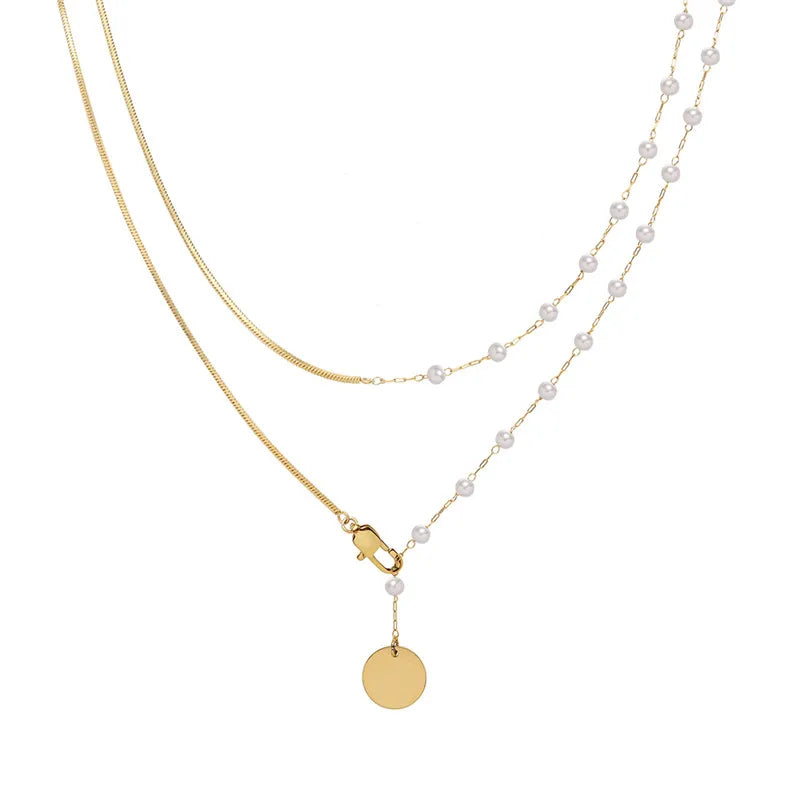18K Gold Plated Stainless Steel 82CM Long Chain Link Disc Charm Pendant Imitated Pearl Beads Necklace