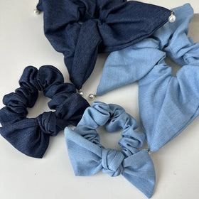 MIO Vintage Bow Denim Hair Scrunchies Blue Square Pearl Big Hair Band Korean Fashion Girls Large Hair Ties Ponytail Holder