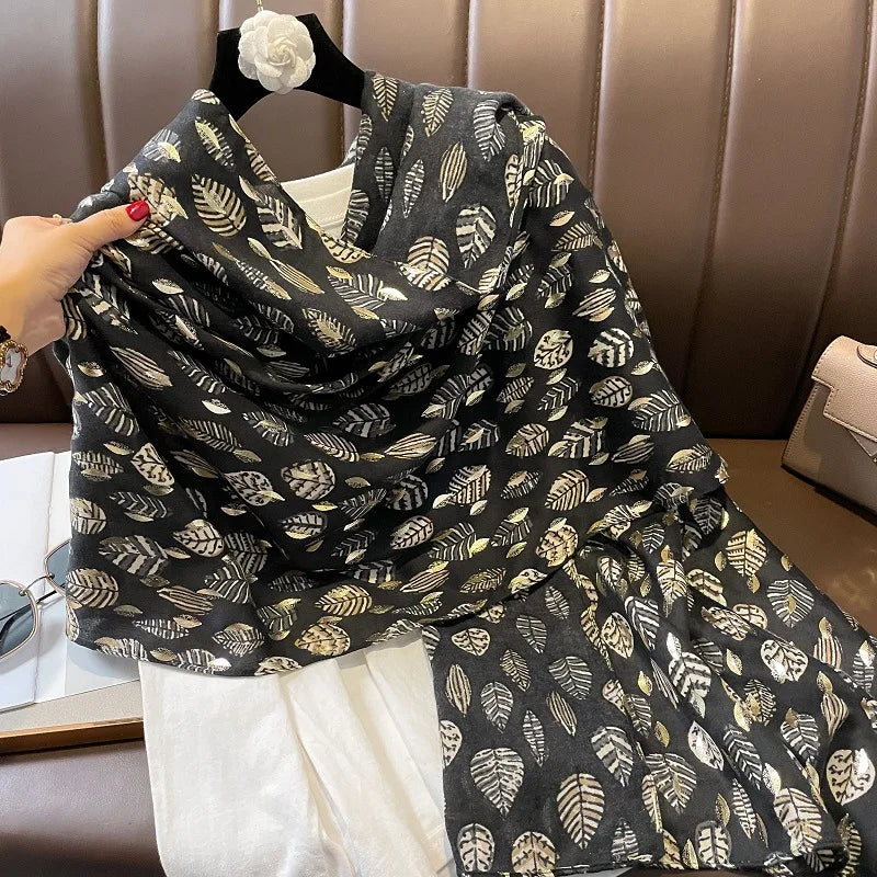 Wholesale Fashion Golden Leaf Printed Viscose Cotton Shawls Gold Foil Bronzing Cotton Shawls for Muslim Women Head Wraps Hijabs