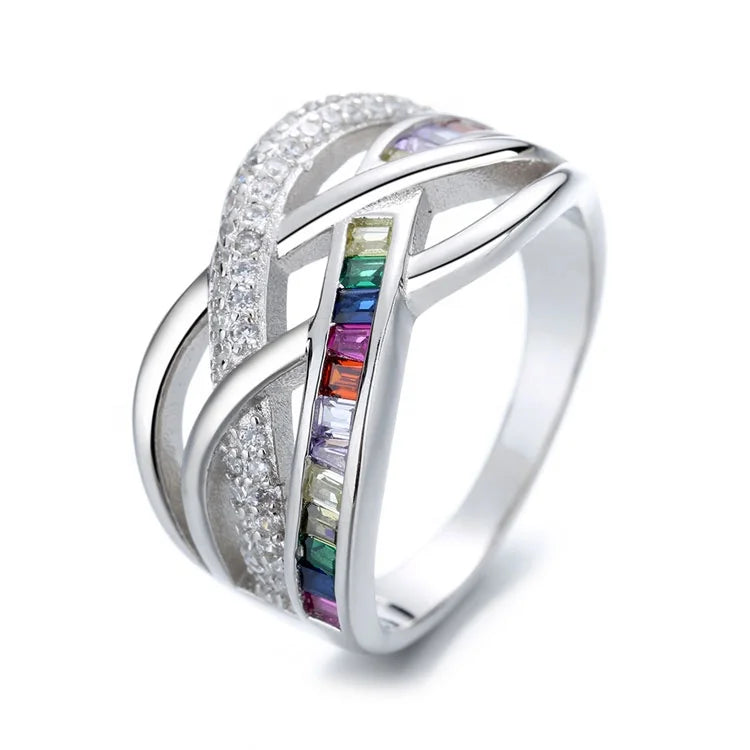 Pure Silver 925 Chunky Cross Men Ring with Multi Color Stones Wedding Band Ring for Women