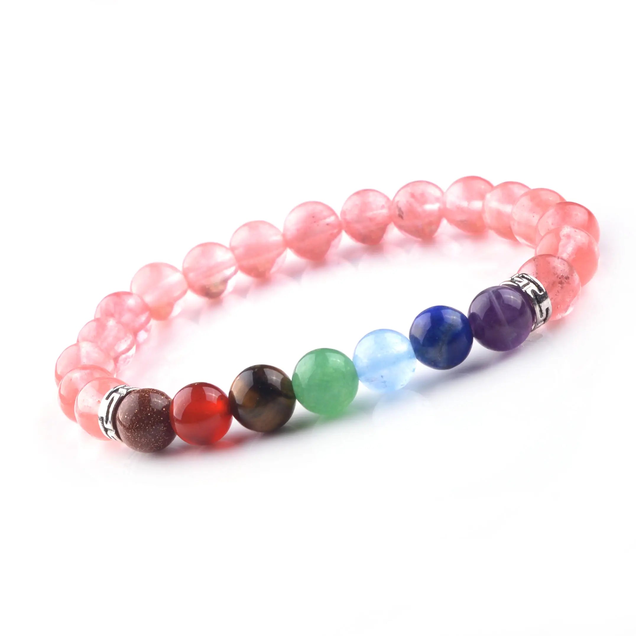 7 Chakra Gem Stretch Bracelet Genuine Natural 8mm Gemstones Round Beads Sterling Silver Spacers for Men and Women Gift