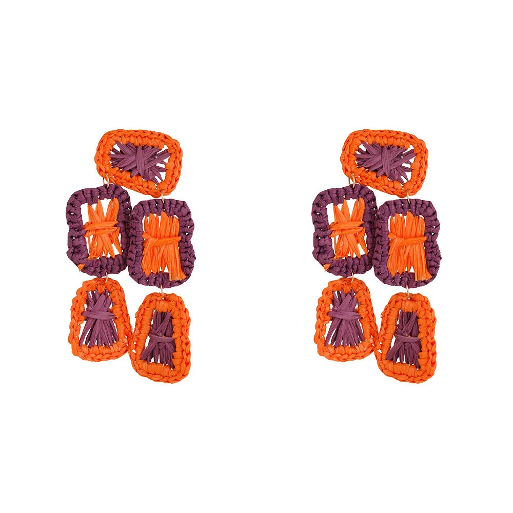 Summer Beach Handmade Raffia Macrame Statement Earrings Jewelry Raffia Grass Braided Bohemian Earrings for Women