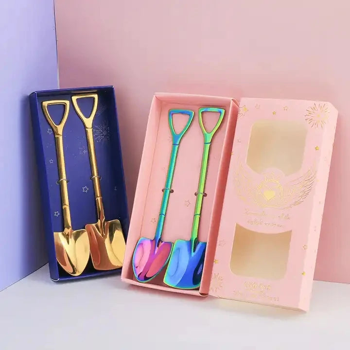 Colorful Stainless Steel Shovel Shaped Dessert Spade Spoon Metal Tea & Coffee Spoons for Travel