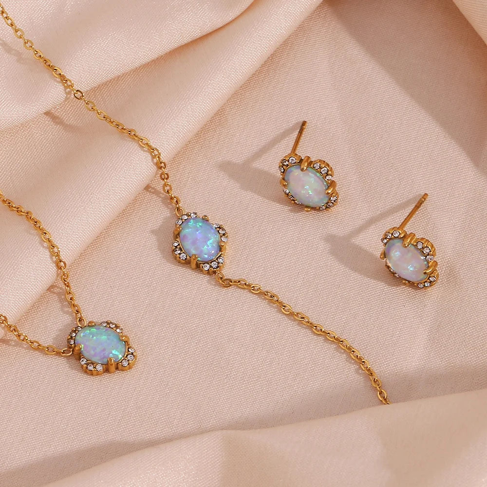 Dreamshow Elegant Oval Opal Necklace Stainless Steel Jewelry Set for Women 18K Gold Plated Necklace Bracelet Earring
