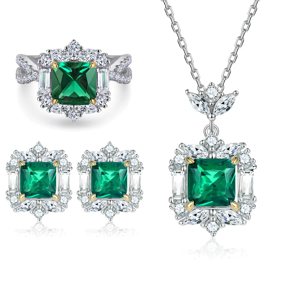 Custom Silver Jewelry Women Rhodium Plated Initial Emerald Zircon Ring Earrings Tarnish Free Jewelry Sets 925 Sterling Silver
