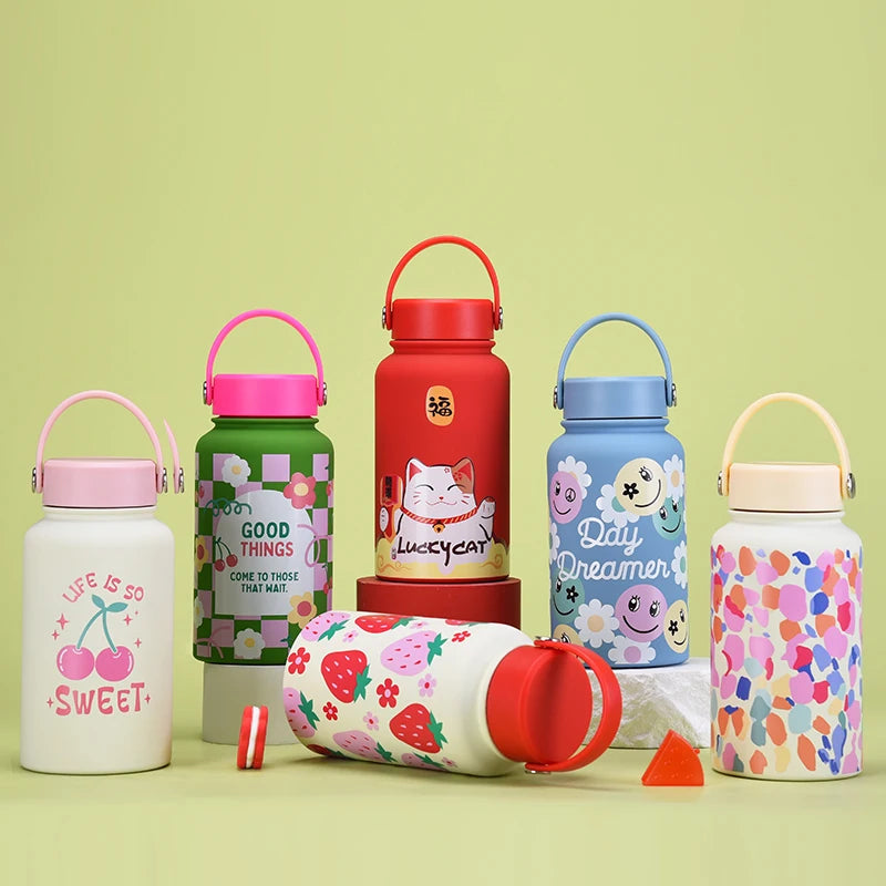 New Cross-Border 650ml Stainless Steel Tumbler Vacuum Insulated Wide Mouth Portable Kids Sports Water Jug Outdoor Print for