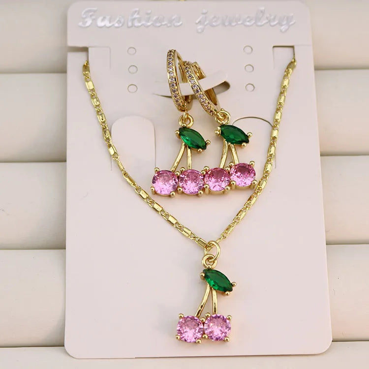 18k Gold Plated Crystal CZ Stone Cherry Charms Chain Layering Necklace Hoop Earring Women Jewelry Sets for Ladies Girls