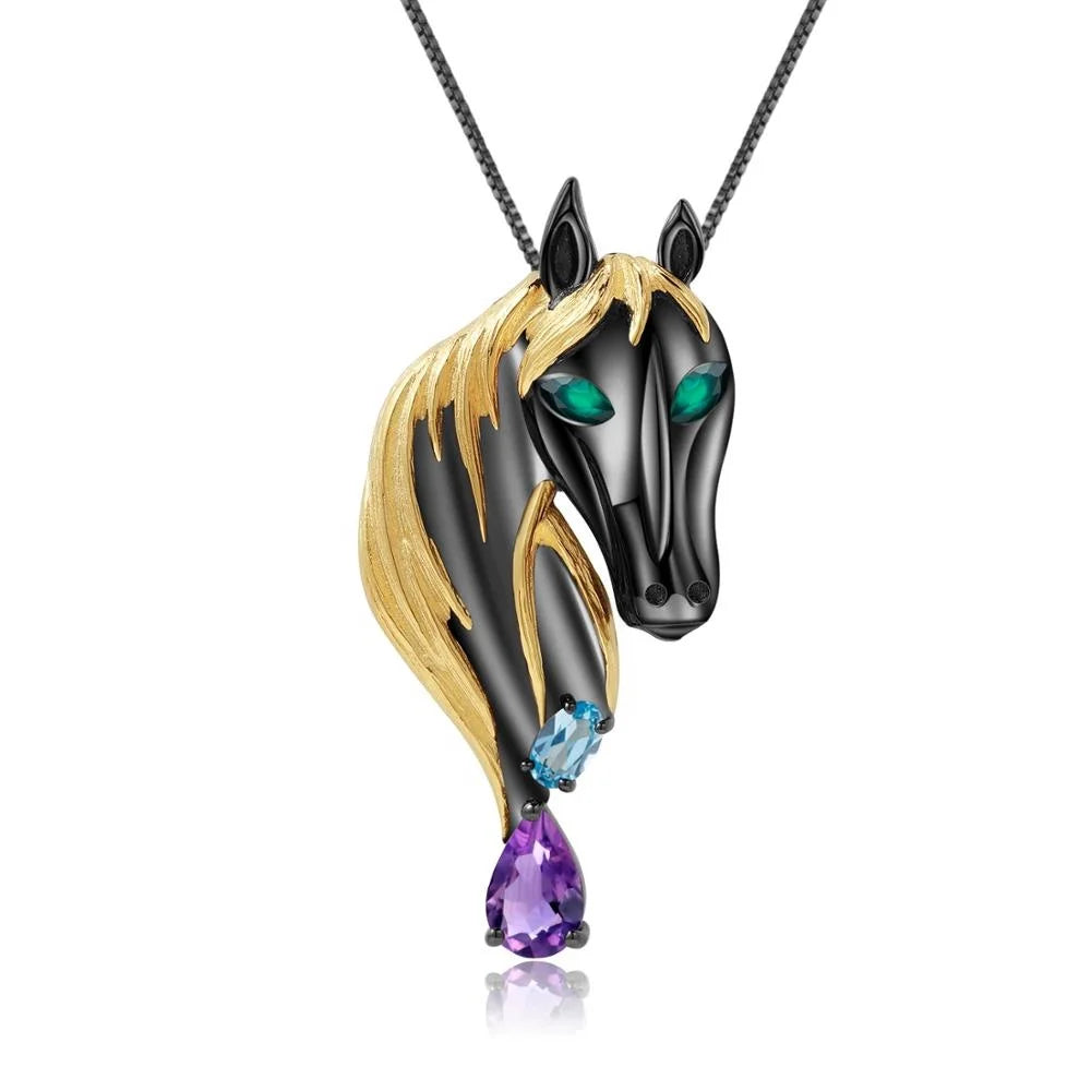 Abiding Natural Amethyst Blue Topaz Horse 925 Sterling Silver Pendant Necklace Brooch Jewelry for Women