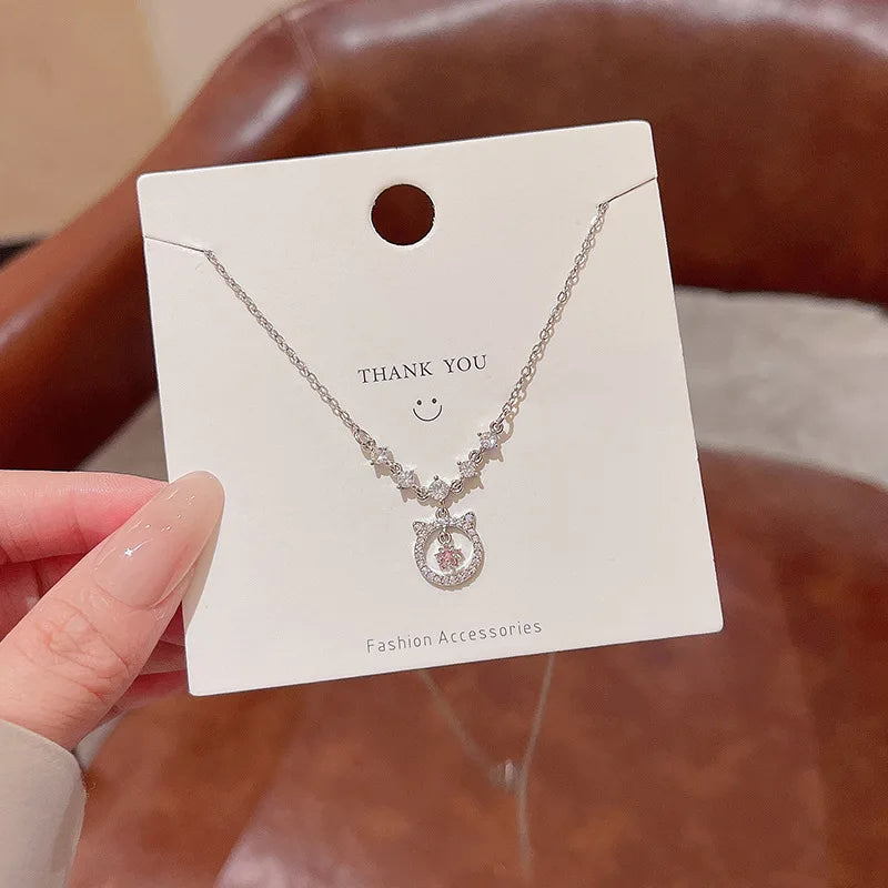 FanYue Custom Popular Stainless Steel Cute Cat Zircon Beating Heart Necklace for Women