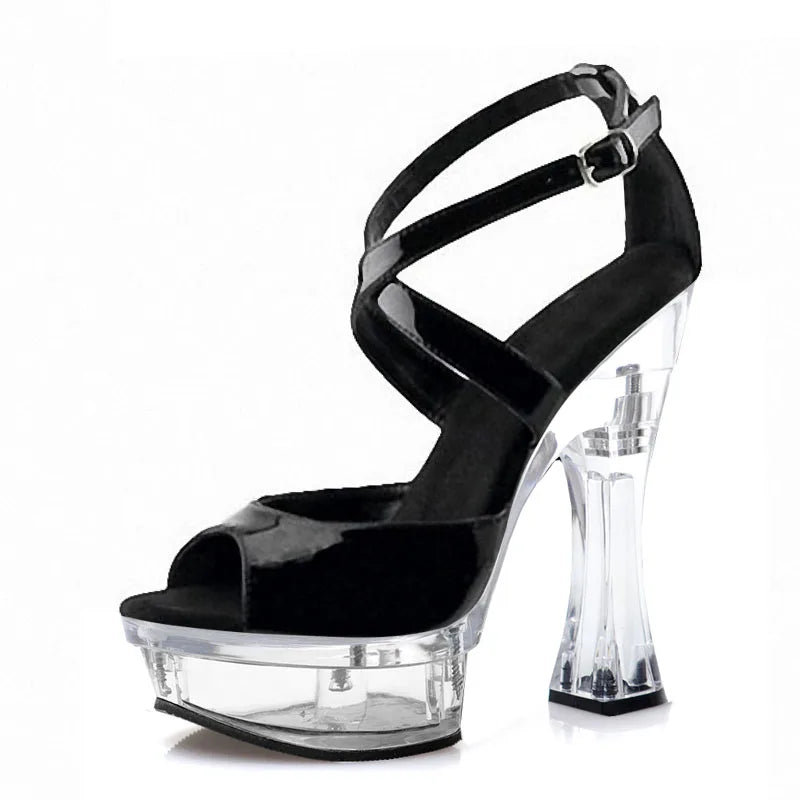 14cm black new thick heel transparent platform leaky toe steel pipe dance high heels thick heel model fashion sandals