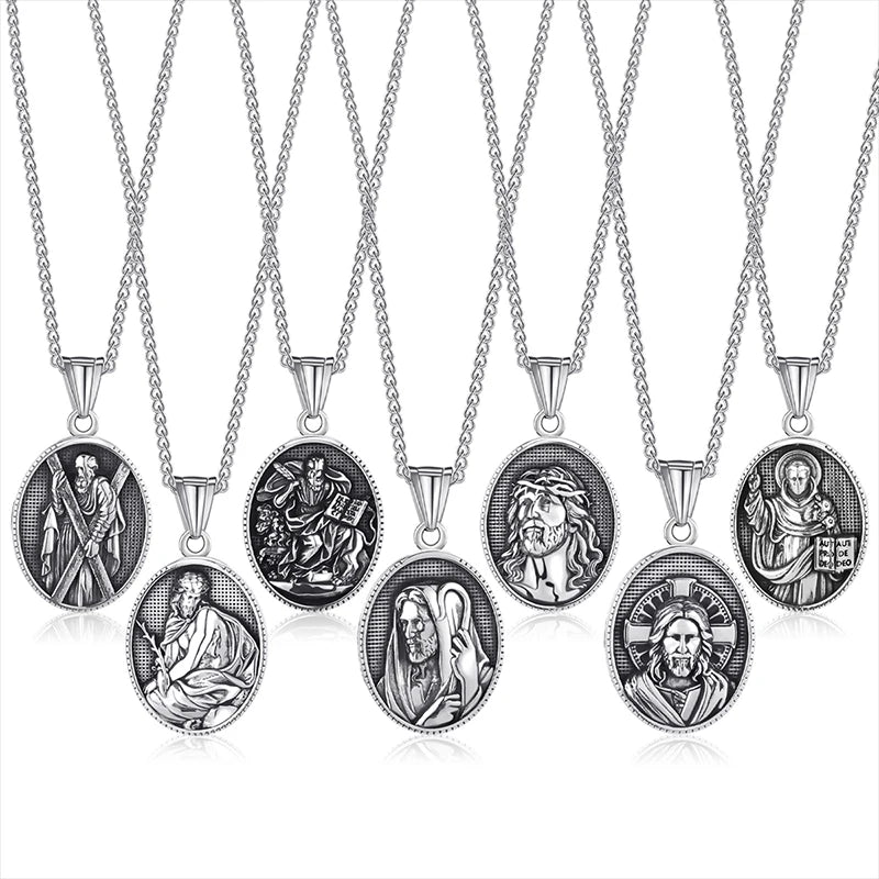 Catholic Gifts Stainless Steel Engraved Jesus Christ Oval Medal Saint Jude Necklace Christian Pendant Religious Jewelry for Men
