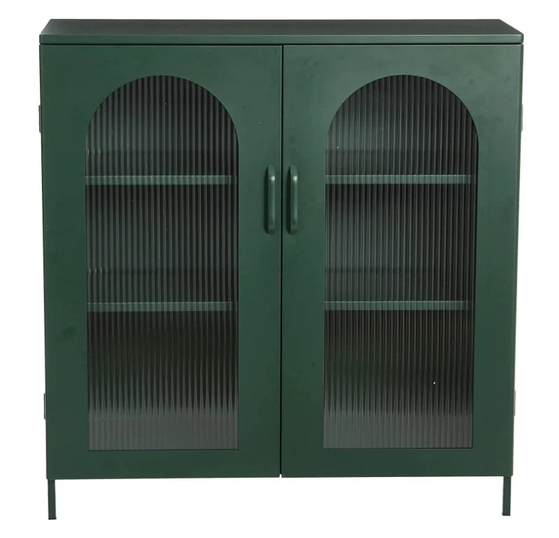 Metal 2 Arched Glass Doors Dark Green Accent Storage Cabinet File Cabinet with Adjustable Shelves