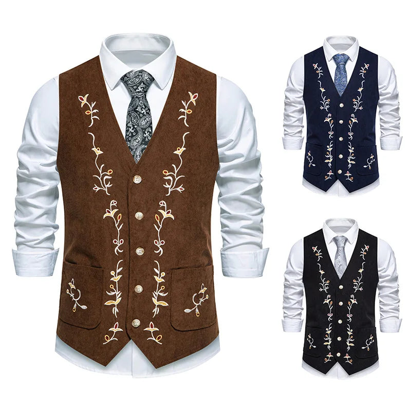 RNSHANGER New Men's Corduroy Vest European Court Style Retro Casual Single Breasted Embroidered Suit Vest for Men