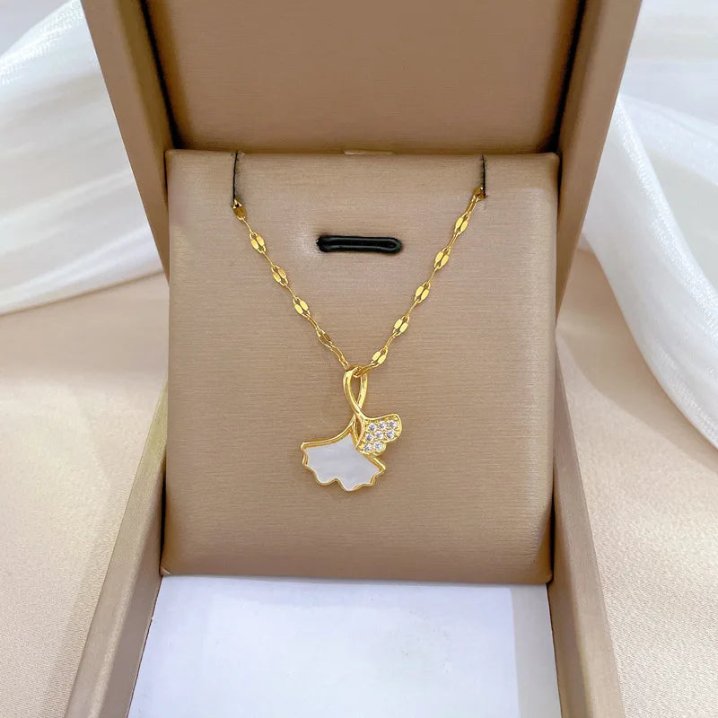 Fashion Titanium Steel Temperament Gorgeous Zircon Ginkgo Leaf Necklace Choker Chain for Women Girls Wedding Jewelry Gifts