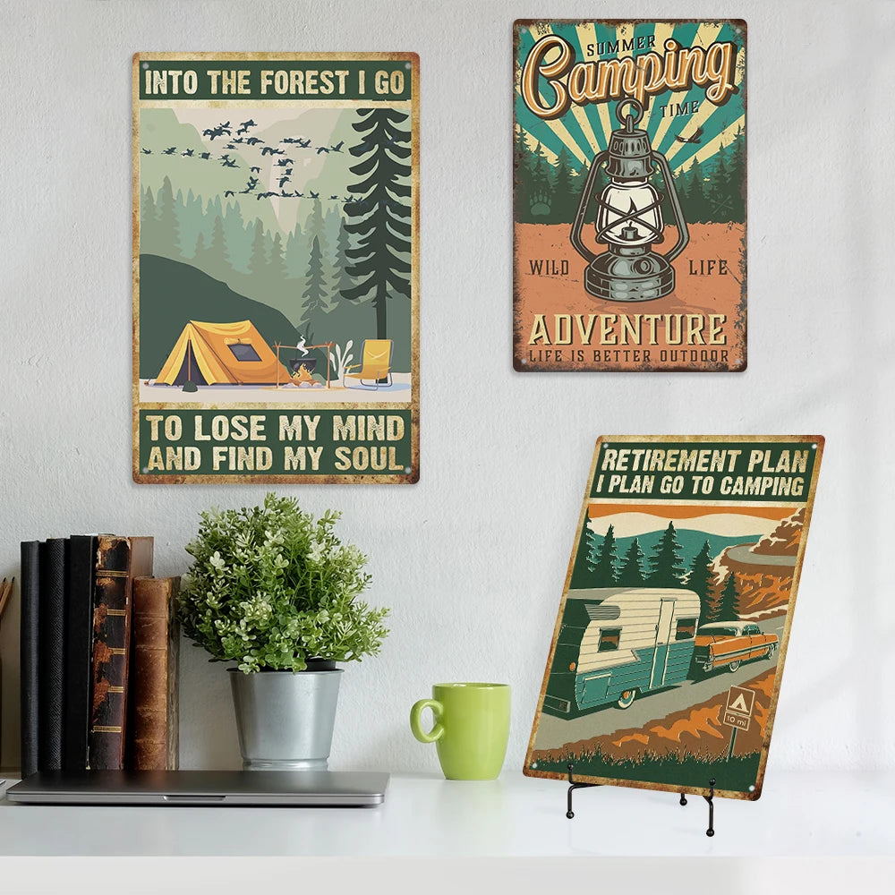 Camping Vintage Metal Plate Printing Sign Campfire Retro Tin Sign Fire Pit Campsite Field Decor