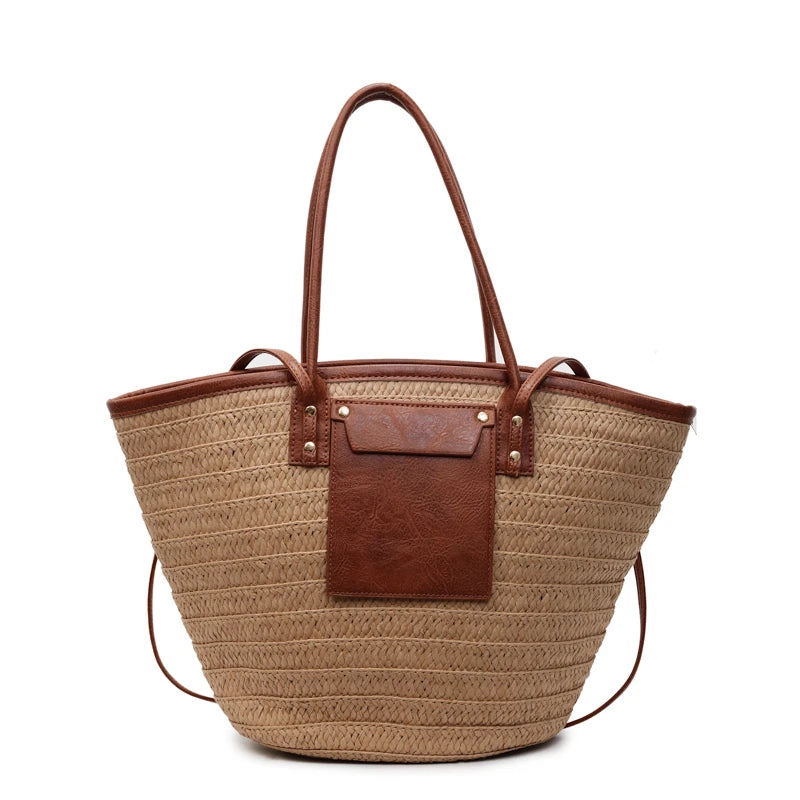 Vintage Woven Women Beach Handbag Large Tote Bag With Leather Handle for Ladies