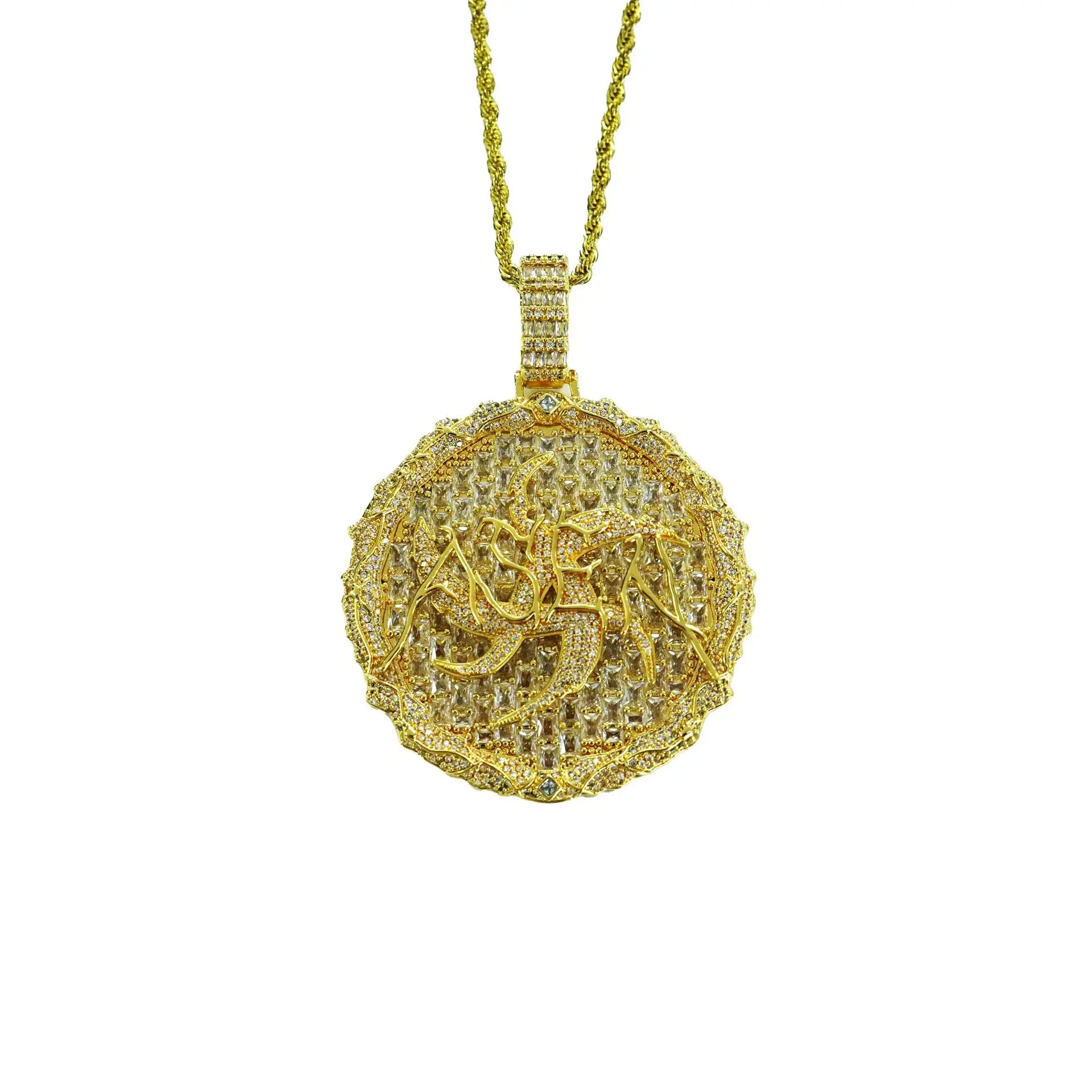 ASEN Ai Zhiheng Large Round Cake Necklace 6cm T Cubic Zirconia Gold Plated Hip-Hop Pendant for Men for Gift or Party