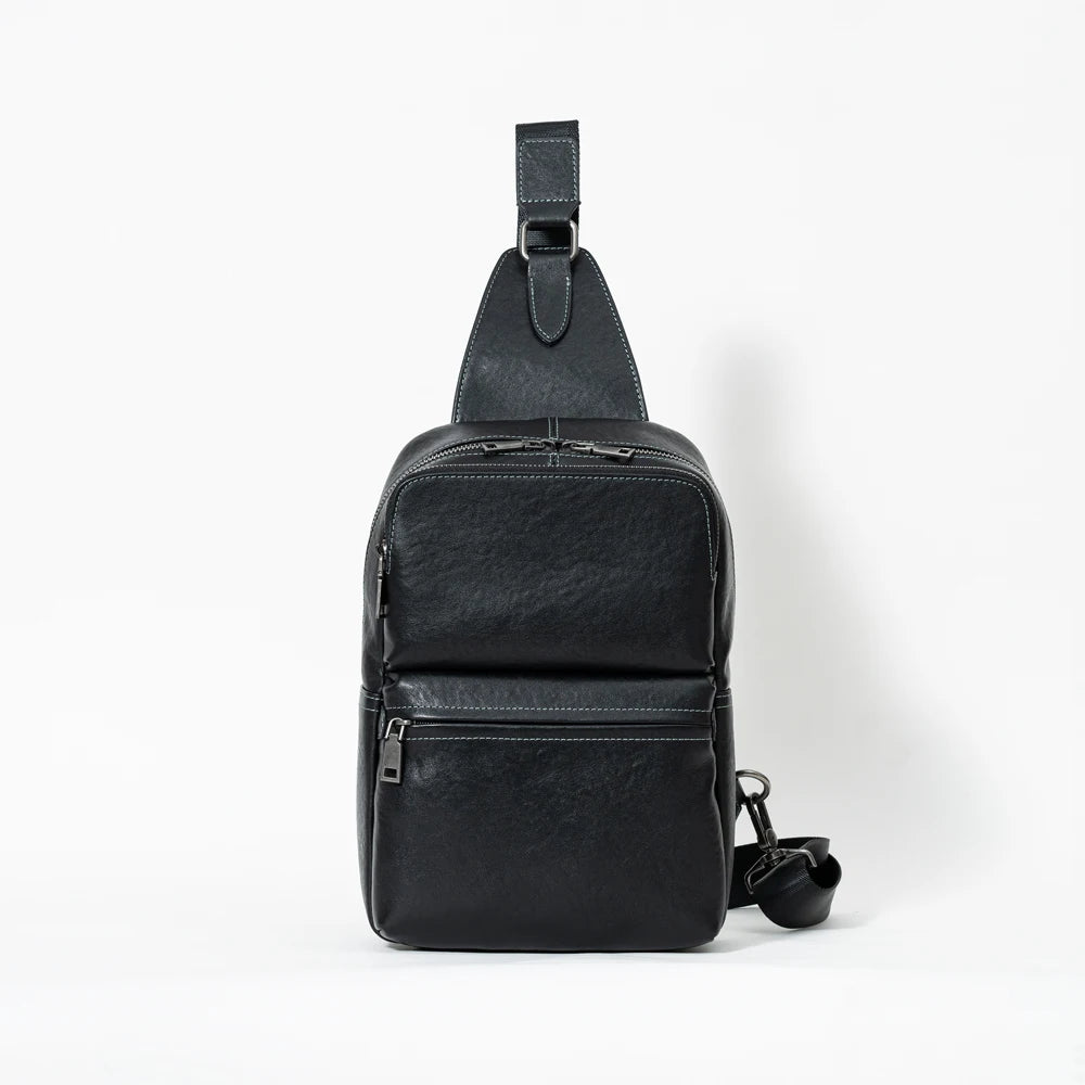 Portable Daily Travel Luxury Handmade Custom Logo Black Genuine Leather Sling Crossbody Bag Women Men Chest Bag Zipper