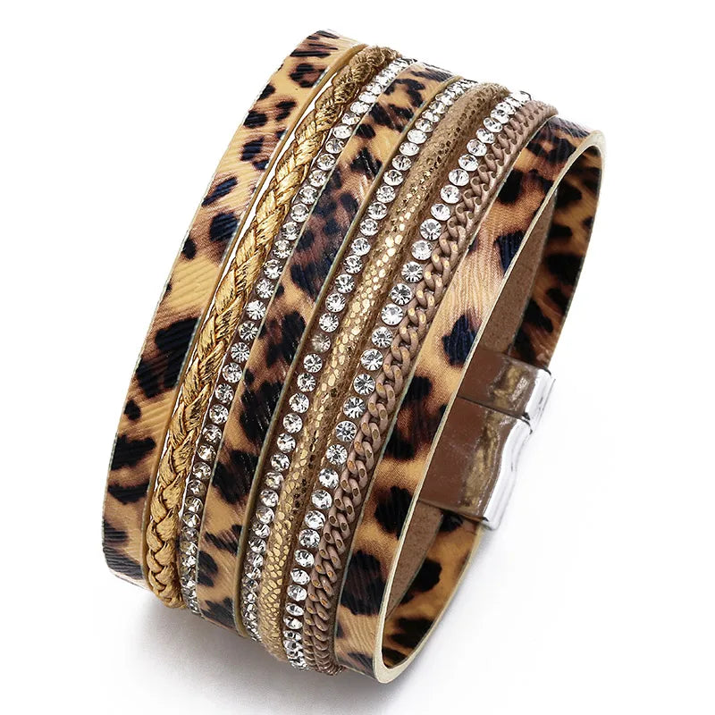 Hot Selling Fashion European and American Brick Inlaid PU Leather Magnetic Buckle Natural Leopard Print Ladies Bracelet