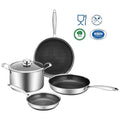 5pcs Non-stick Tri Ply 304 Stainless Steel Pots and Pans High Quality 3ply Honeycomb Hybrid Cookware Set with Tempered Glass Lid