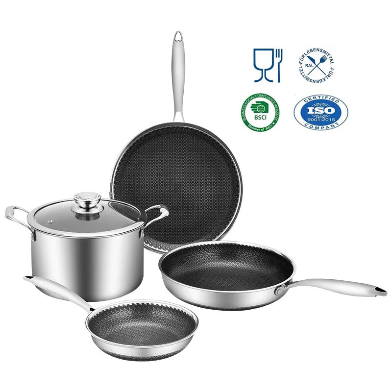 5pcs Non-stick Tri Ply 304 Stainless Steel Pots and Pans High Quality 3ply Honeycomb Hybrid Cookware Set with Tempered Glass Lid