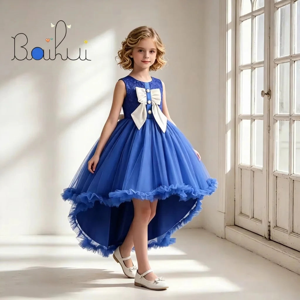 Elegant Tailed Princess Evening Evening Dress for Teenagers Big Bow Girl Wedding Dress pink Kid Birthday Dress for Party