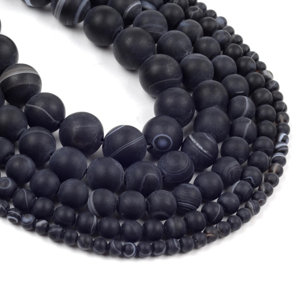 Natural Stone Matte Stripe Line Black Agate Onyx Beads for Jewelry Making 4 6 8 10mm Round Loose Beads DIY